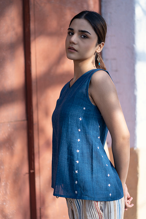 Creative Bee 'CALM' Handwoven Natural Dyed Indigo Cotton Sleeveless Top