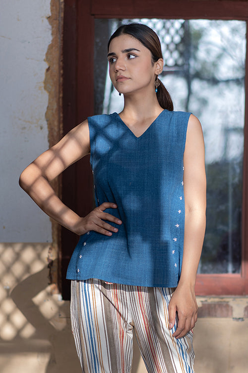 Creative Bee 'CALM' Handwoven Natural Dyed Indigo Cotton Sleeveless Top