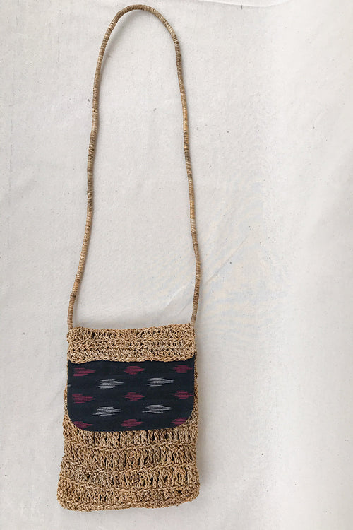 Gramya Handcrafted Banana Fibre Large Gypsy With Black ikat panel Bag