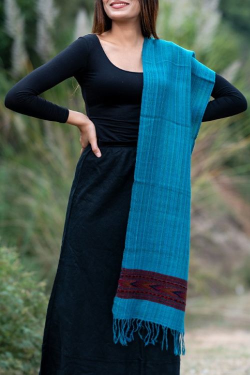 Fine, Soft Himachal Wool Muffler With Woven Border - Blue