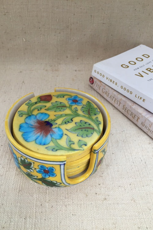 Ram Gopal Blue Pottery Handcrafted ' Coaster Set ' Yellow,Green