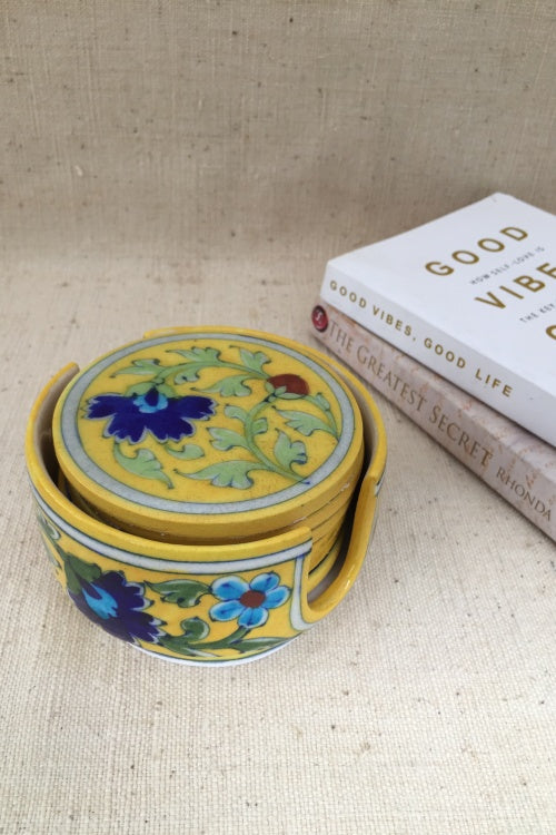 Ram Gopal Blue Pottery Handcrafted ' Coaster Set ' Yellow,Green