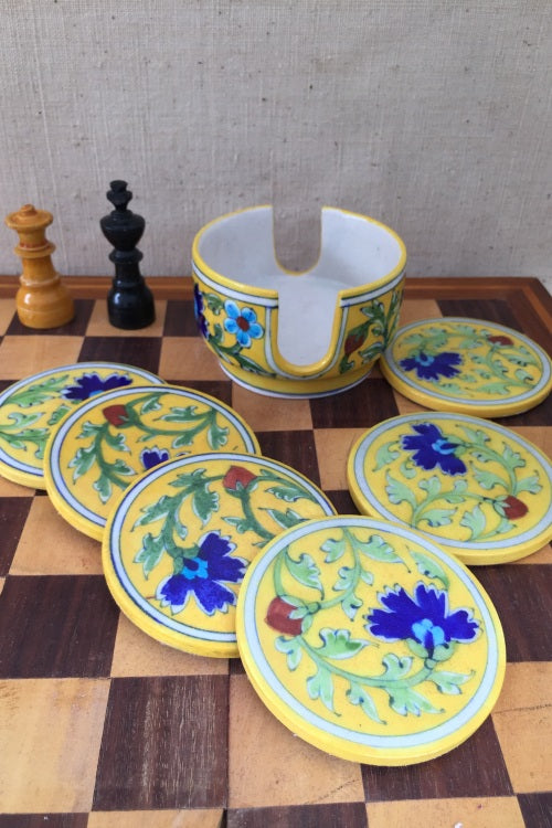 Ram Gopal Blue Pottery Handcrafted ' Coaster Set ' Yellow,Green