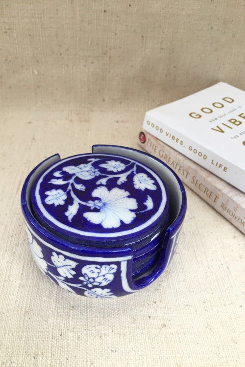 Ram Gopal Blue Pottery Handcrafted ' Coaster Set ' Blue, White