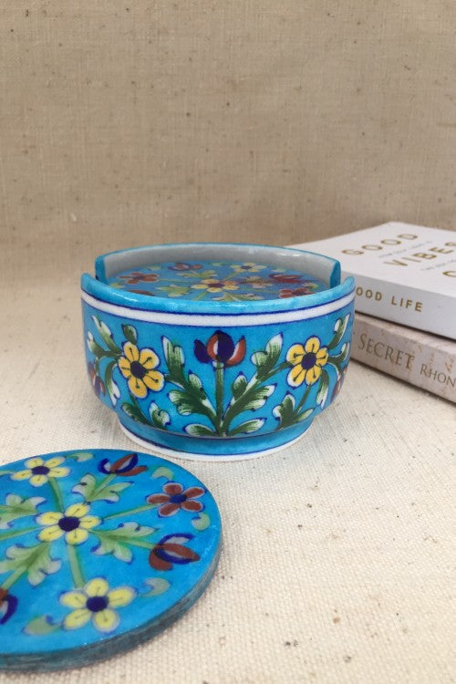 Ram Gopal Blue Pottery Handcrafted ' Coaster Set ' Light Blue, White