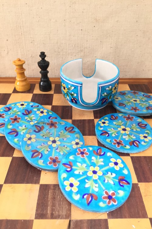 Ram Gopal Blue Pottery Handcrafted ' Coaster Set ' Light Blue, White
