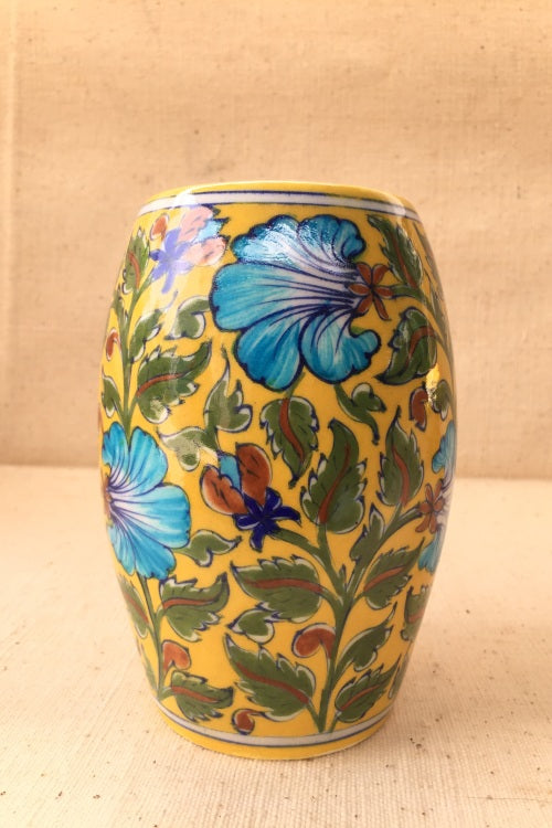 Ram Gopal Blue Pottery Handcrafted 'Drum Vase' Yellow