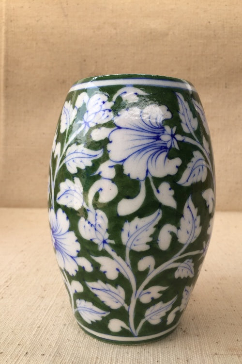 Ram Gopal Blue Pottery Handcrafted 'Drum Vase' Green Vase
