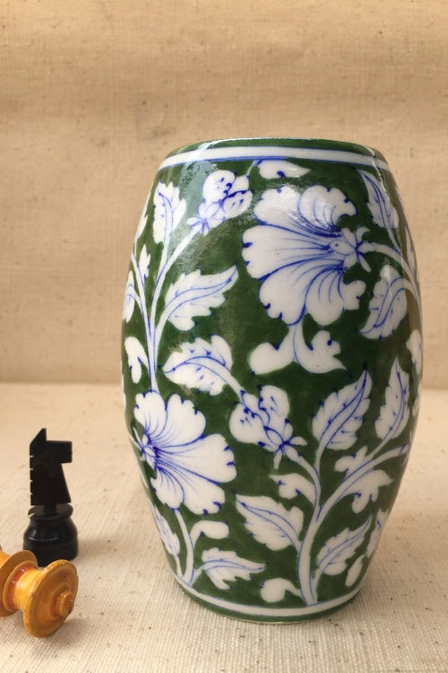 Ram Gopal Blue Pottery Handcrafted 'Drum Vase' Green Vase
