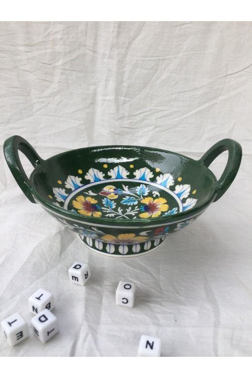 Ram Gopal Blue Pottery Handcrafted 'Kadai Bowl ' Green Bowl