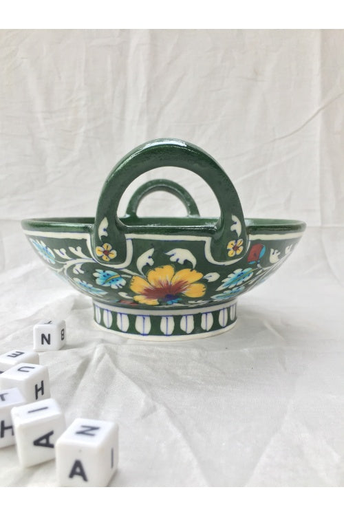 Ram Gopal Blue Pottery Handcrafted 'Kadai Bowl ' Green Bowl