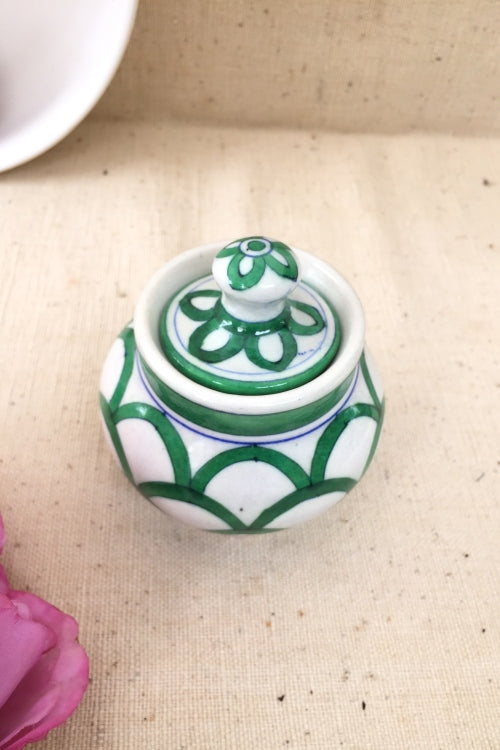 Ram Gopal Blue Pottery Handcrafted 'Sugar Pot ' Green White Jar