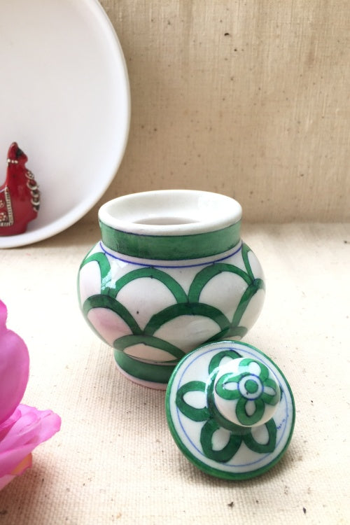 Ram Gopal Blue Pottery Handcrafted 'Sugar Pot ' Green White Jar