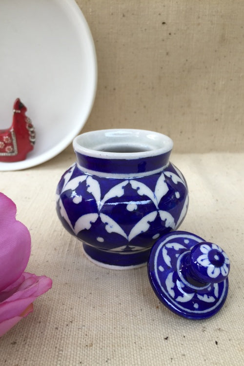 Ram Gopal Blue Pottery Handcrafted 'Sugar Pot ' Blue White Jar