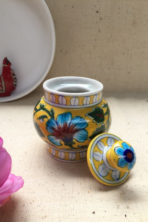 Ram Gopal Blue Pottery Handcrafted 'Sugar Pot ' Yellow Blue Jar