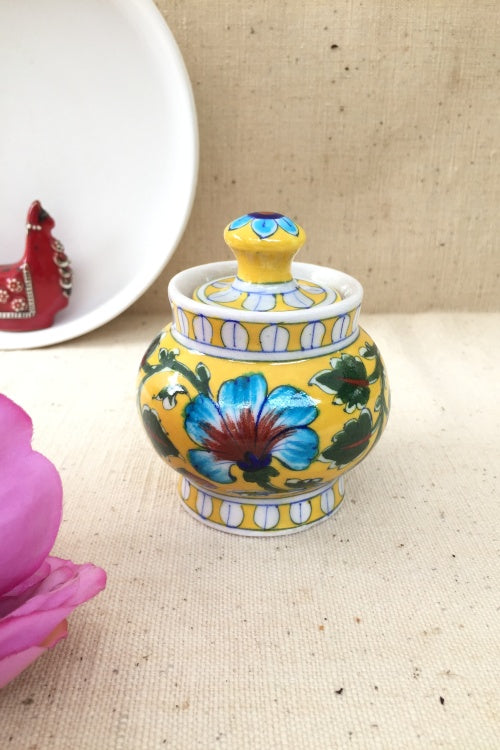 Ram Gopal Blue Pottery Handcrafted 'Sugar Pot ' Yellow Blue Jar