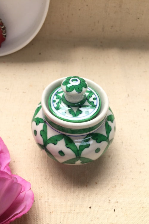Ram Gopal Blue Pottery Handcrafted 'Sugar Pot ' Green Blue Jar