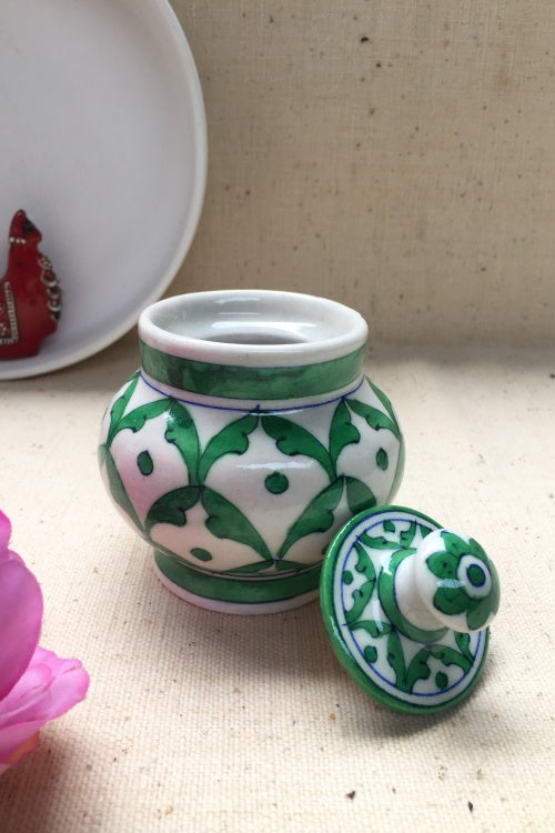 Ram Gopal Blue Pottery Handcrafted 'Sugar Pot ' Green Blue Jar