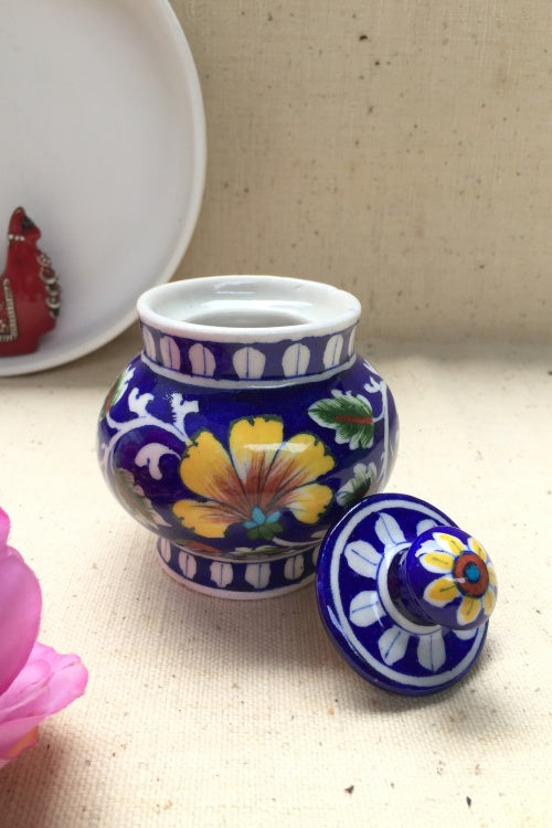 Ram Gopal Blue Pottery Handcrafted 'Sugar Pot ' Blue Yellow Jar