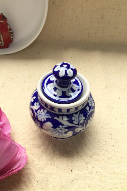 Ram Gopal Blue Pottery Handcrafted 'Sugar Pot ' Blue White Jar