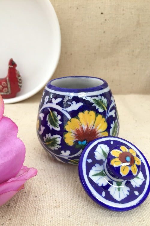 Ram Gopal Blue Pottery Handcrafted 'Sugar Pot ' Blue Yellow Jar
