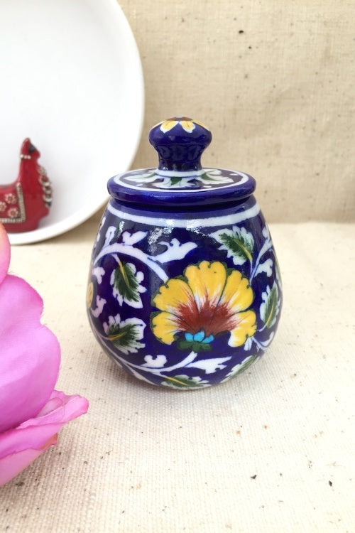 Ram Gopal Blue Pottery Handcrafted 'Sugar Pot ' Blue Yellow Jar