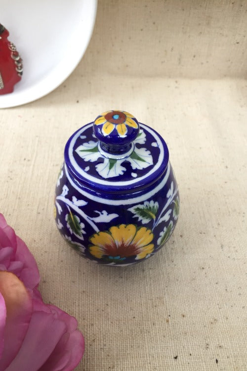 Ram Gopal Blue Pottery Handcrafted 'Sugar Pot ' Blue Yellow Jar