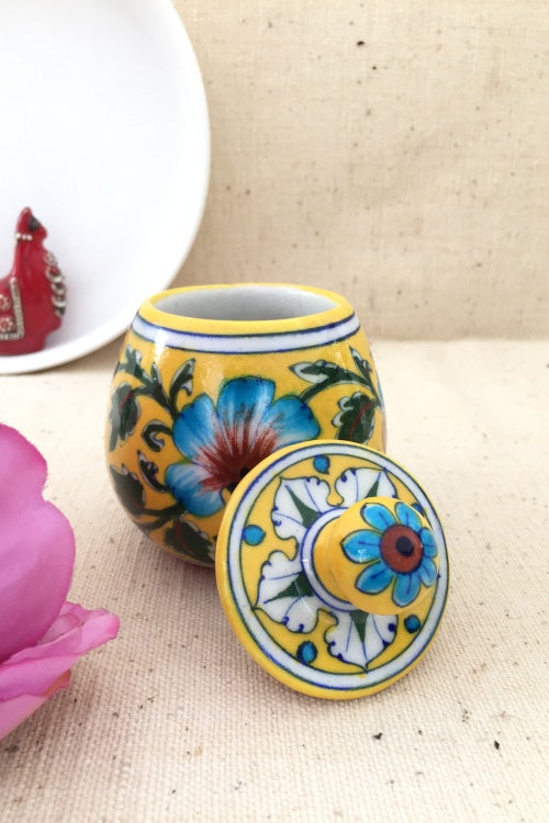Ram Gopal Blue Pottery Handcrafted 'Sugar Pot ' Yellow Green Jar