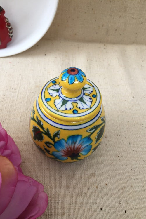 Ram Gopal Blue Pottery Handcrafted 'Sugar Pot ' Yellow Green Jar