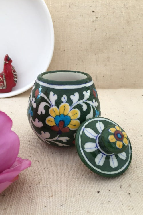 Ram Gopal Blue Pottery Handcrafted 'Sugar Pot ' Green Yellow Jar