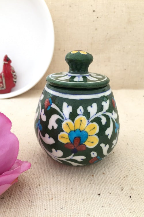 Ram Gopal Blue Pottery Handcrafted 'Sugar Pot ' Green Yellow Jar