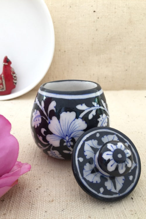 Ram Gopal Blue Pottery Handcrafted 'Sugar Pot ' Black White Jar
