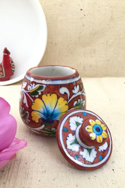 Ram Gopal Blue Pottery Handcrafted 'Sugar Pot ' Red Yellow Jar