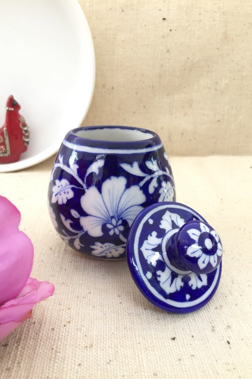 Ram Gopal Blue Pottery Handcrafted 'Sugar Pot ' Blue White Jar