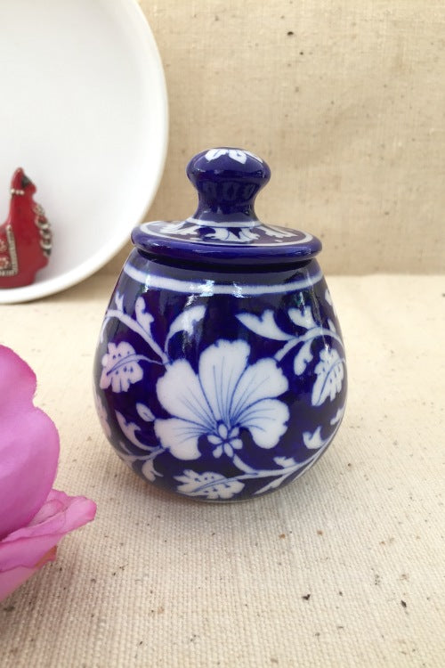 Ram Gopal Blue Pottery Handcrafted 'Sugar Pot ' Blue White Jar