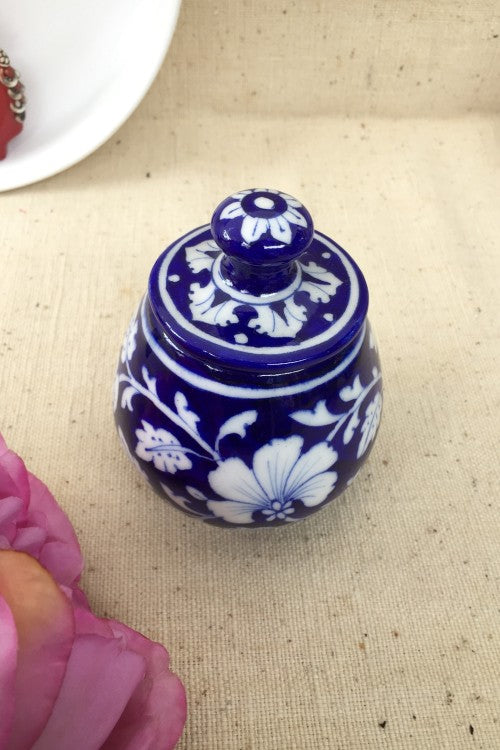 Ram Gopal Blue Pottery Handcrafted 'Sugar Pot ' Blue White Jar