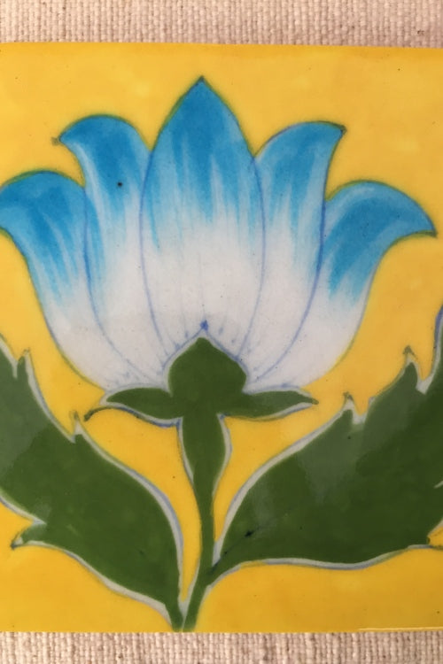 Ram Gopal Blue Pottery Handcrafted 'LotusTile ' Green Yellow (Set of 2)