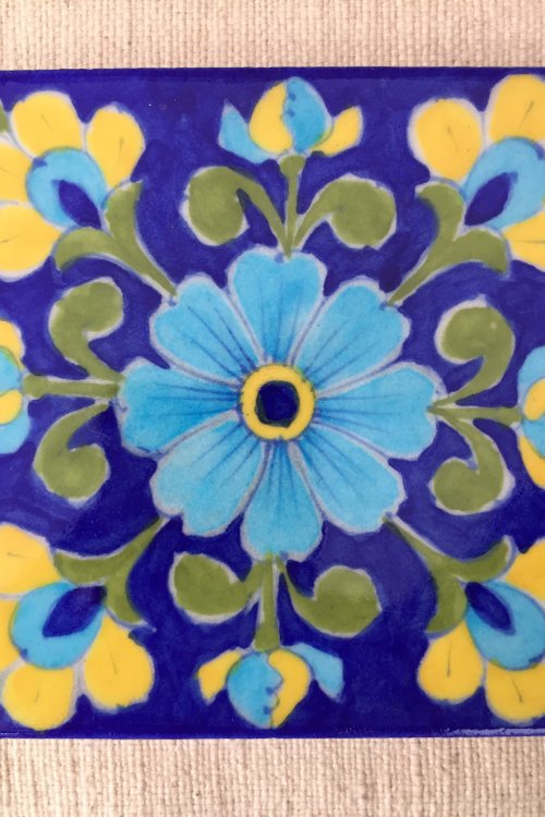 Ram Gopal Blue Pottery Handcrafted 'Flower Tile ' Blue Green (Set of 2)
