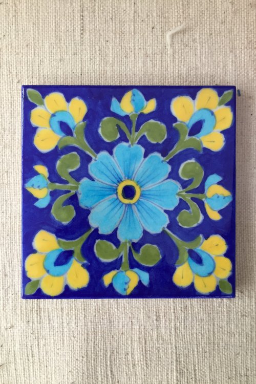 Ram Gopal Blue Pottery Handcrafted 'Flower Tile ' Blue Green (Set of 2)