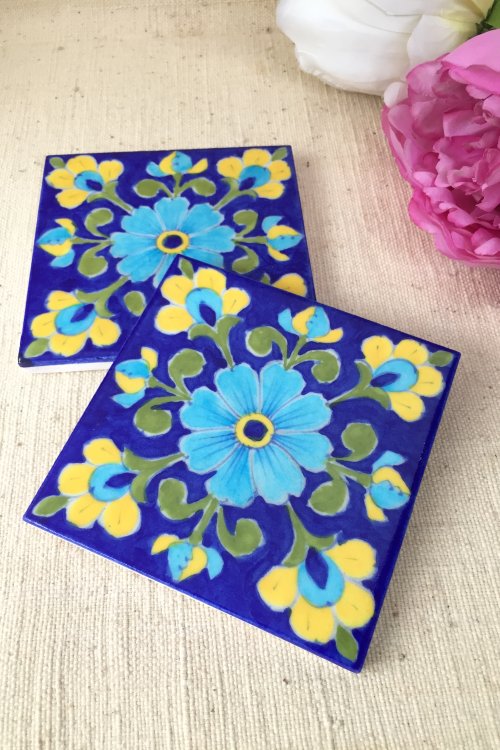Ram Gopal Blue Pottery Handcrafted 'Flower Tile ' Blue Green (Set of 2)