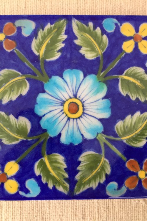 Ram Gopal Blue Pottery Handcrafted 'Flower Tile ' Blue Green (Set of 2)