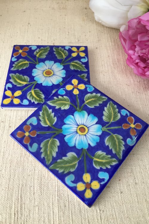 Ram Gopal Blue Pottery Handcrafted 'Flower Tile ' Blue Green (Set of 2)