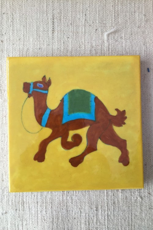 Ram Gopal Blue Pottery Handcrafted 'Camel Tile ' Green Yellow (Set of 2)