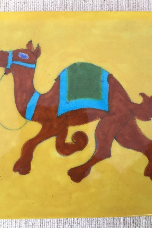 Ram Gopal Blue Pottery Handcrafted 'Camel Tile ' Green Yellow (Set of 2)