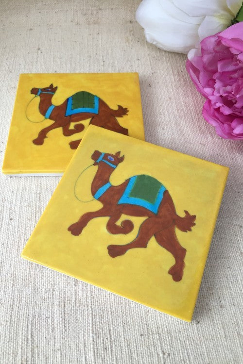 Ram Gopal Blue Pottery Handcrafted 'Camel Tile ' Green Yellow (Set of 2)