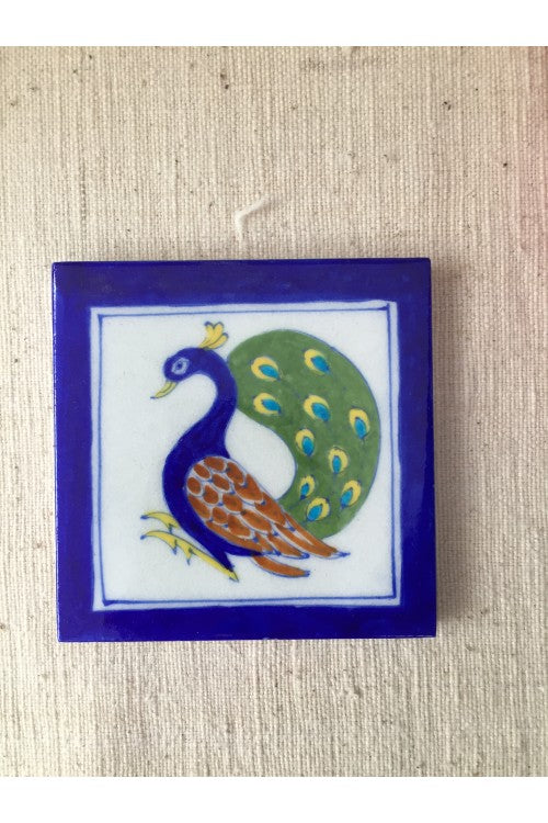 Ram Gopal Blue Pottery Handcrafted 'Peacock Tile ' Blue White (Set of 2)