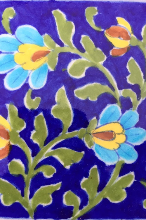 Ram Gopal Blue Pottery Handcrafted 'Flower Tile ' Blue Green (Set of 2)