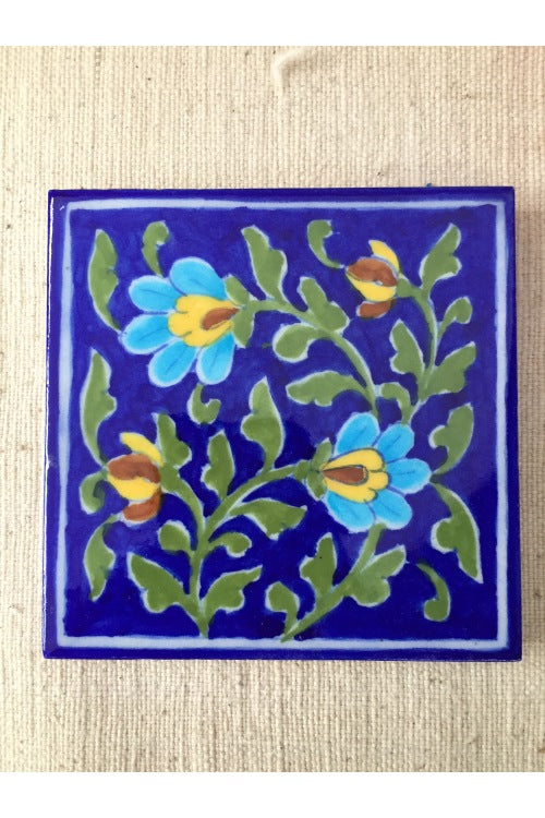 Ram Gopal Blue Pottery Handcrafted 'Flower Tile ' Blue Green (Set of 2)
