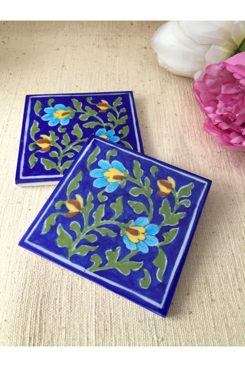 Ram Gopal Blue Pottery Handcrafted 'Flower Tile ' Blue Green (Set of 2)