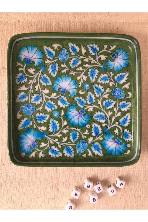 Ram Gopal Blue Pottery Handcrafted 'Flower Tray ' Green Blue